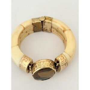 Vintage 1970s Tribal Brass Camel Bone Hinged Bangle Tiger's Eye Bracelet